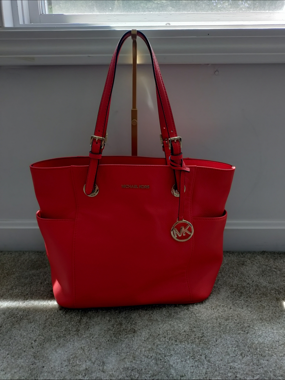 Michael Kors Red Leather Tote with Signature MK Charm